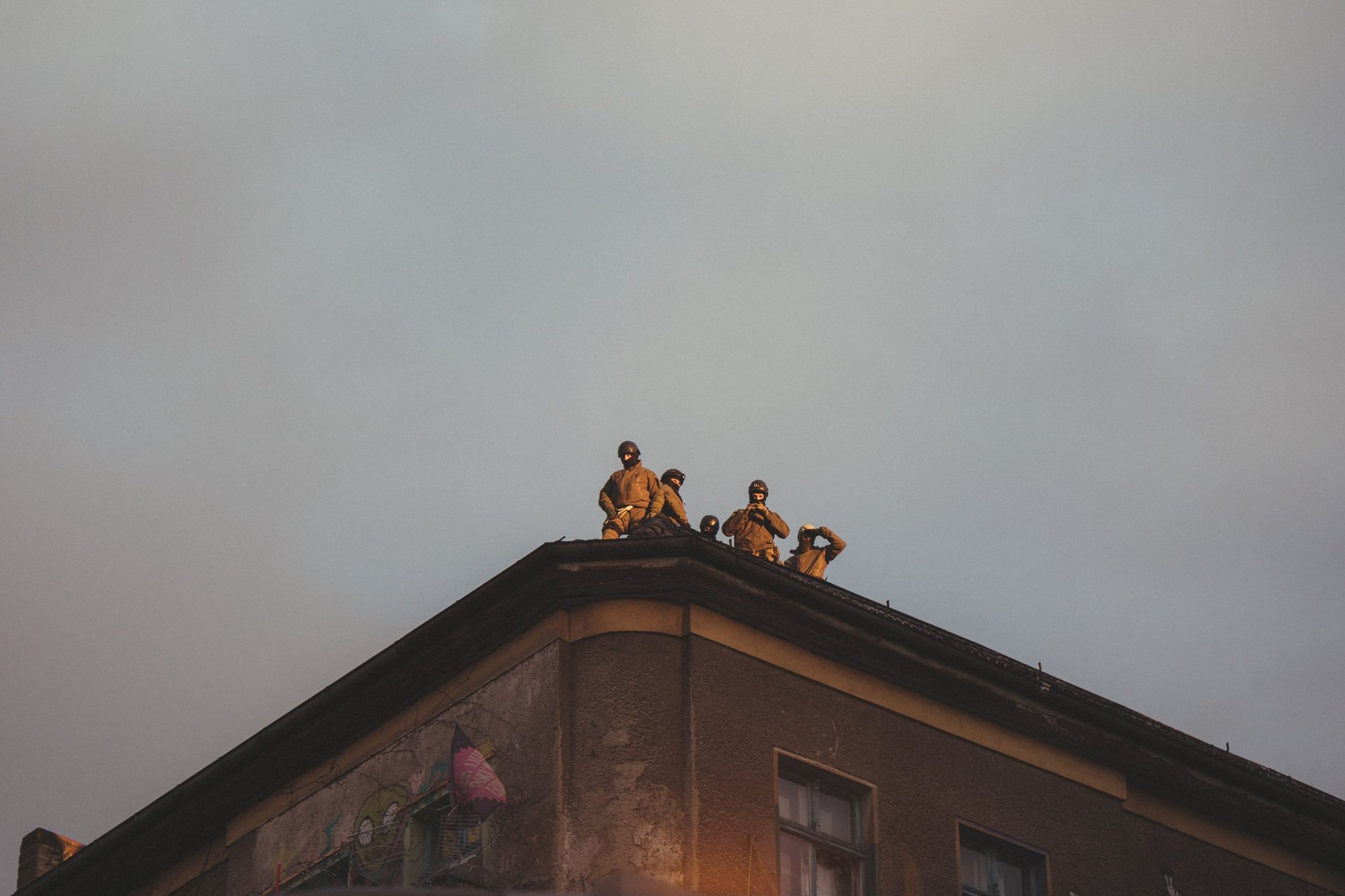 Police special forces on the rooftop of Liebig34 during the eviction operation, Berlin, 2020