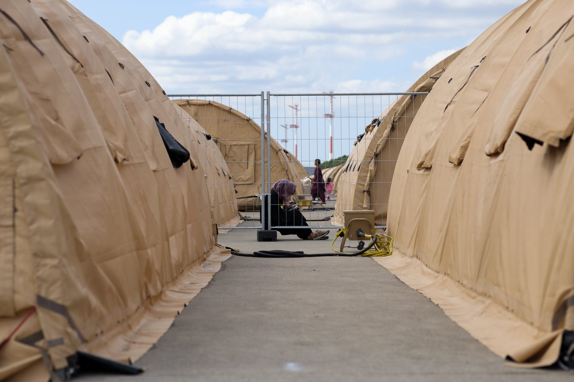 Afghan evacuees in the tent camp at Ramstein Air Base, 2021