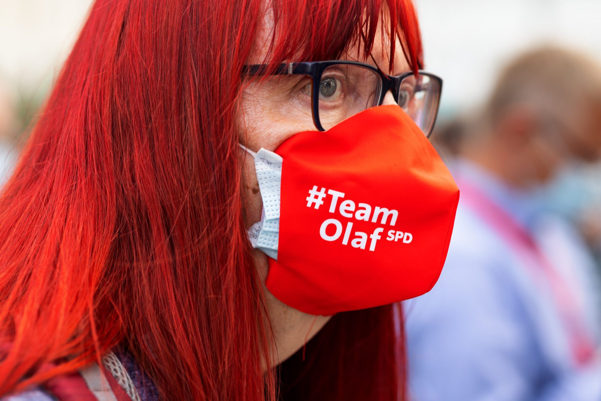SPD supporter at an Olaf Scholz campaign rally, Berlin, 2021