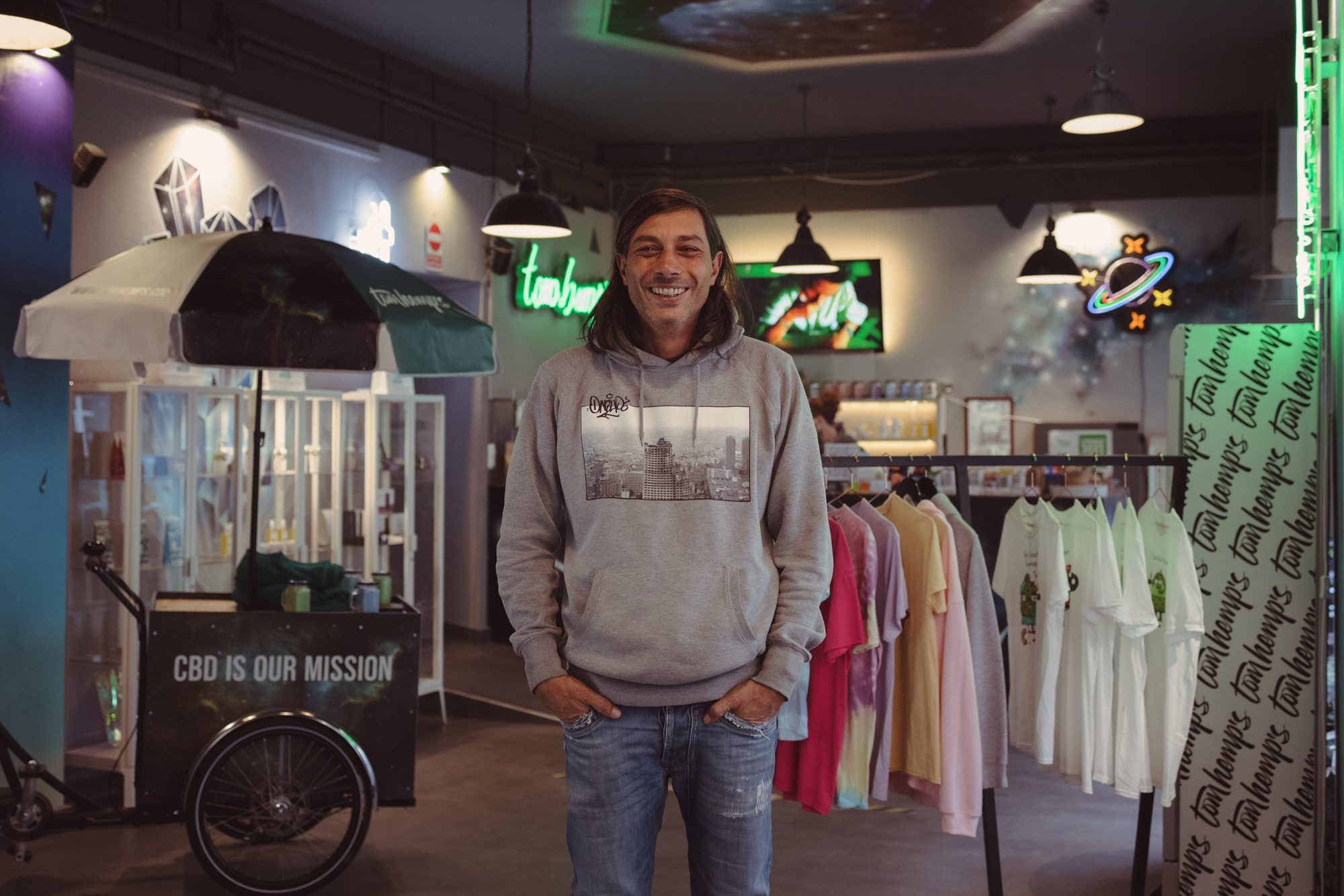 Cristian Accordo, founder of Tom Hemps, at his CBD store in Berlin, 2021
