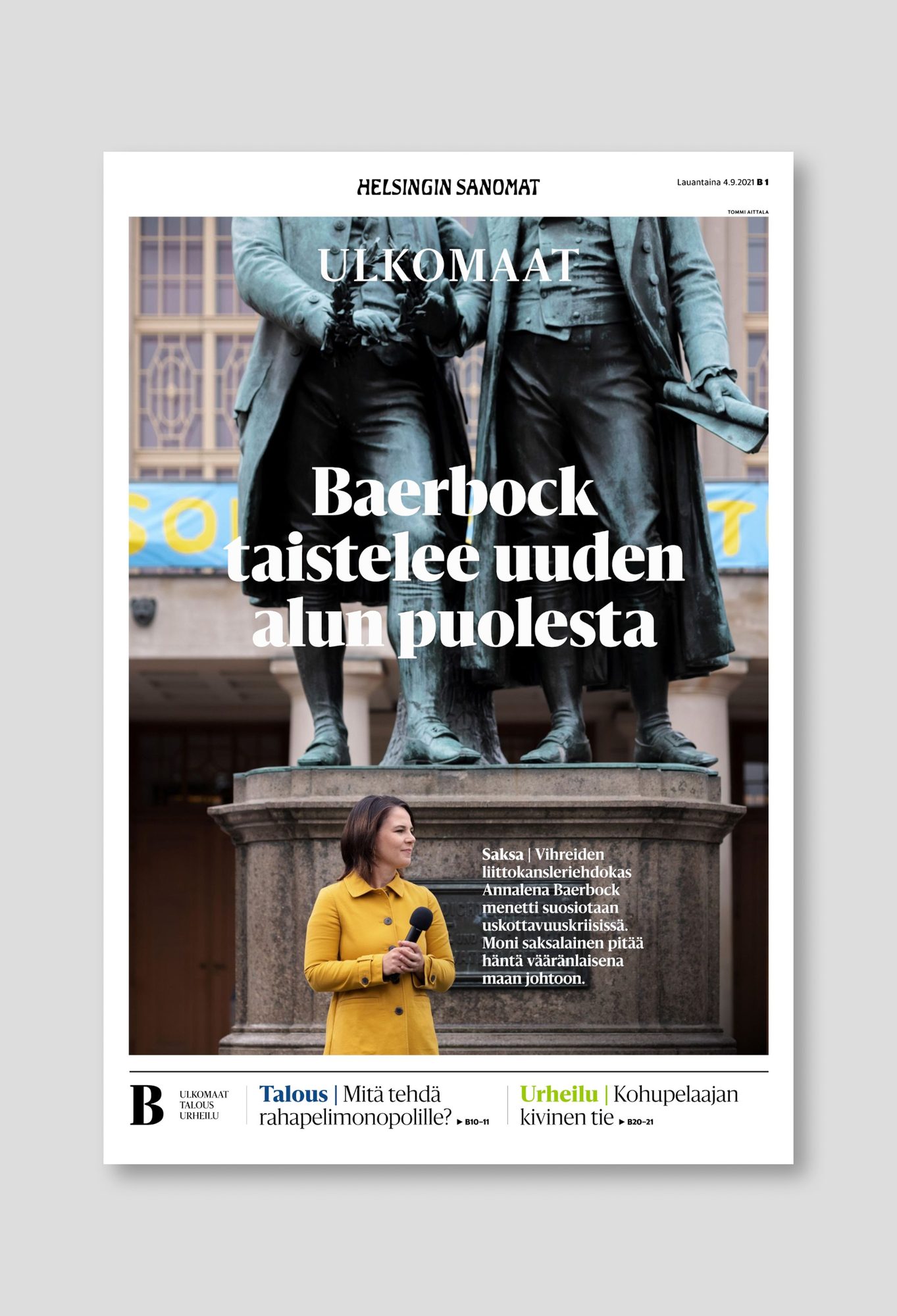 Helsingin Sanomat, Ulkomaat section front page, 4 September 2021