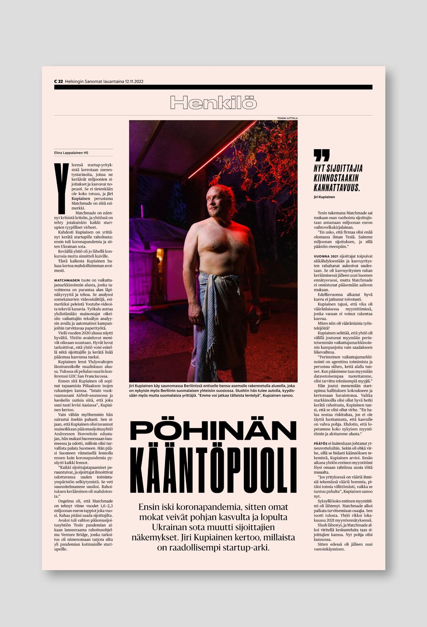 Jiri Kupiainen, Finnish entrepreneur, photographed outside a sauna in Prenzlauer Berg for a Helsingin Sanomat profile on startup culture, Berlin, 2022