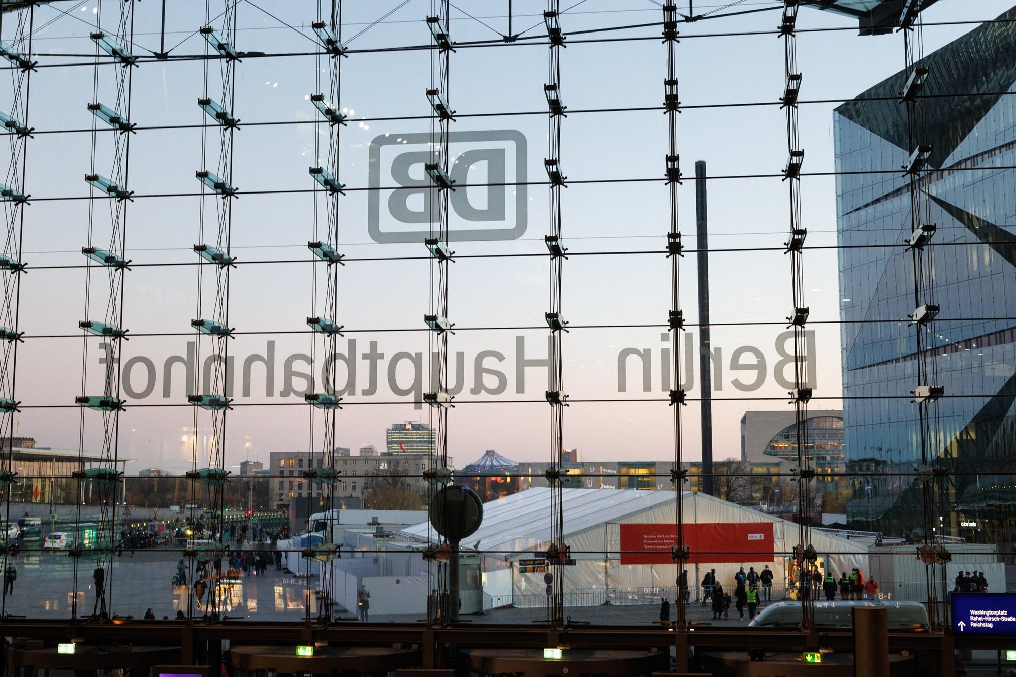 The welcome tent for Ukrainian refugees outside Berlin Hauptbahnhof, viewed from inside the station, March 2022