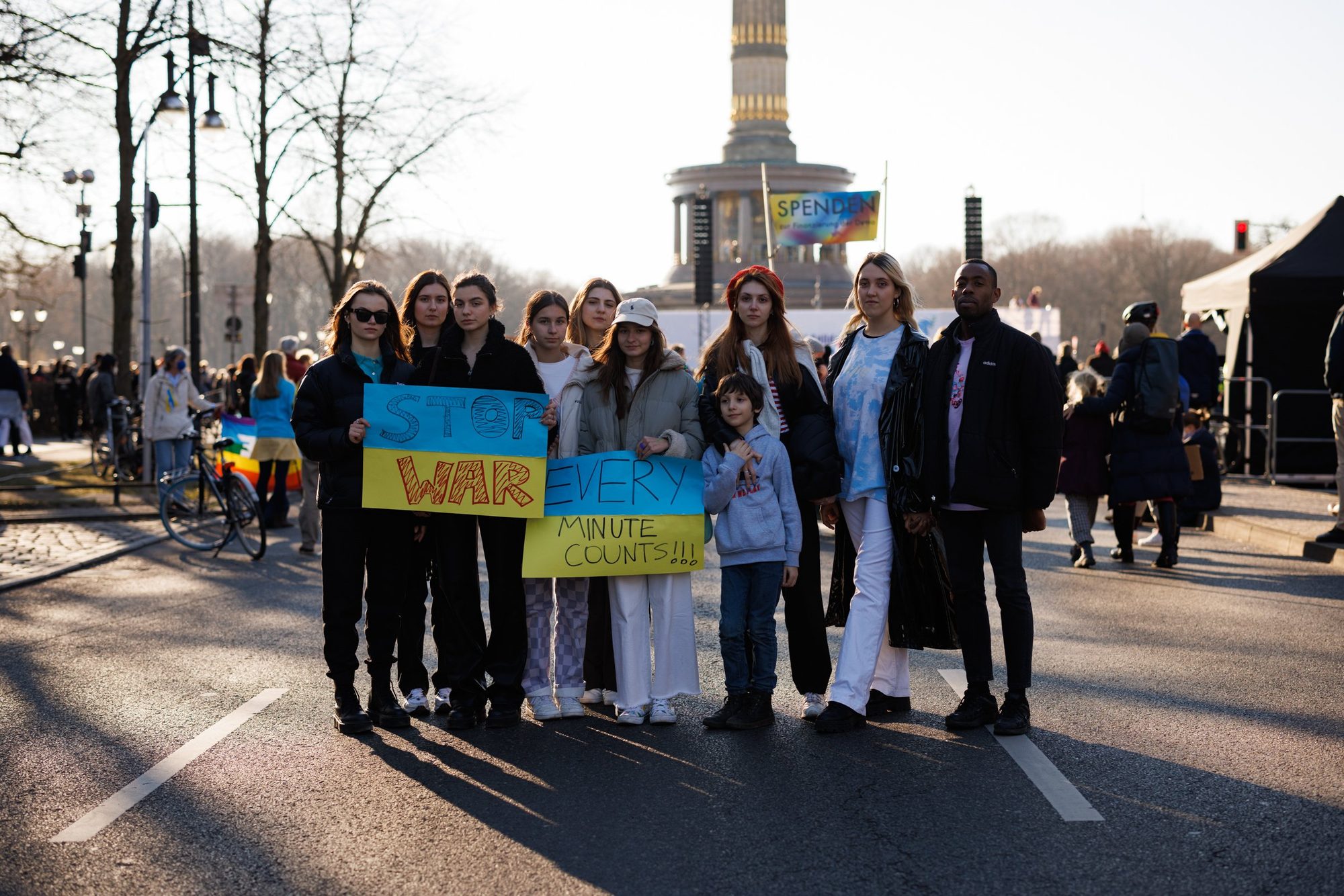 Ukrainian refugees, including the Petryšyn sisters, at an anti-war demonstration near the Siegessäule, Berlin, March 2022