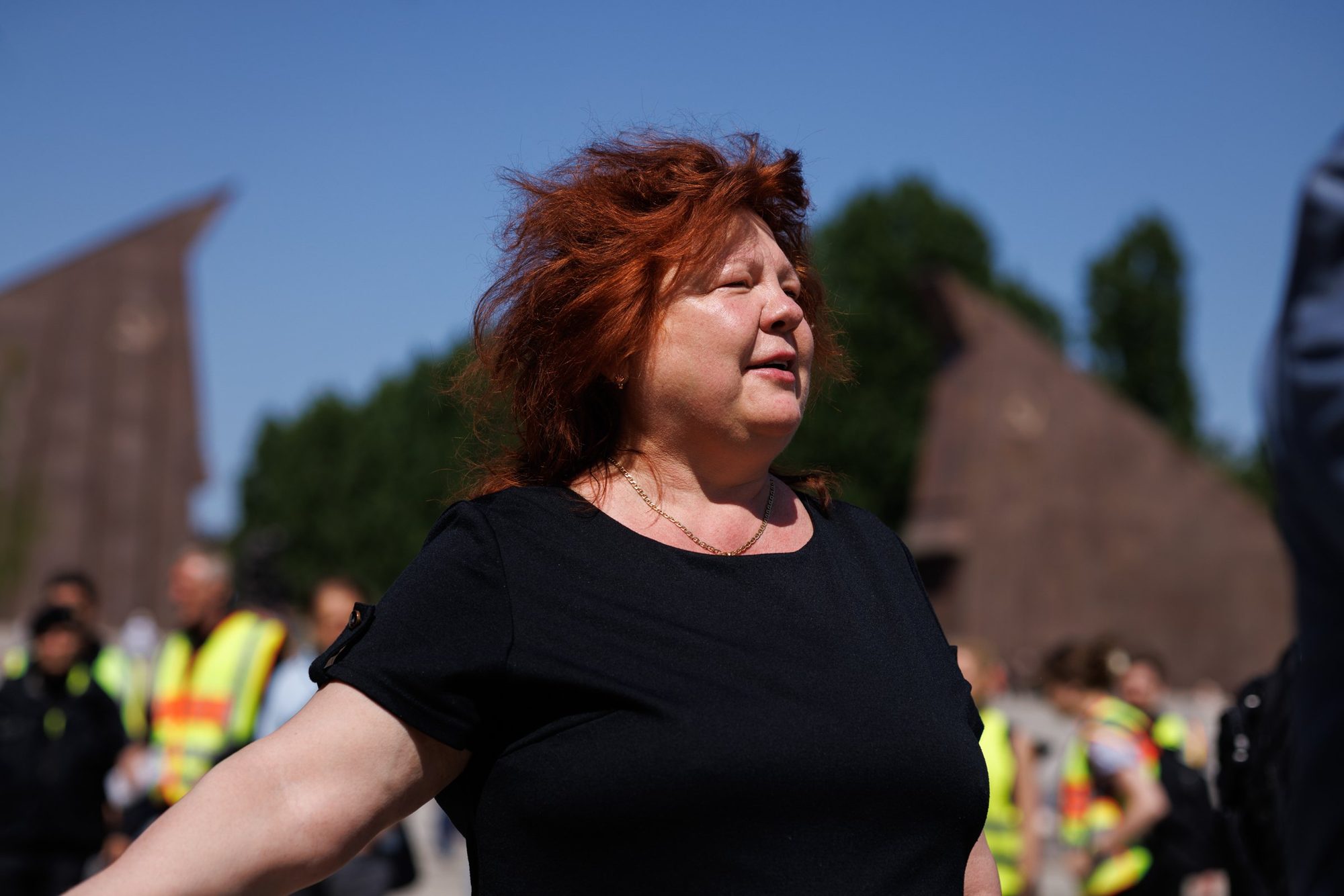 Tatjana Müller, who described Russia's invasion of Ukraine as a war against Nazis, sings during Victory Day commemorations at Treptower Park, Berlin, May 2022